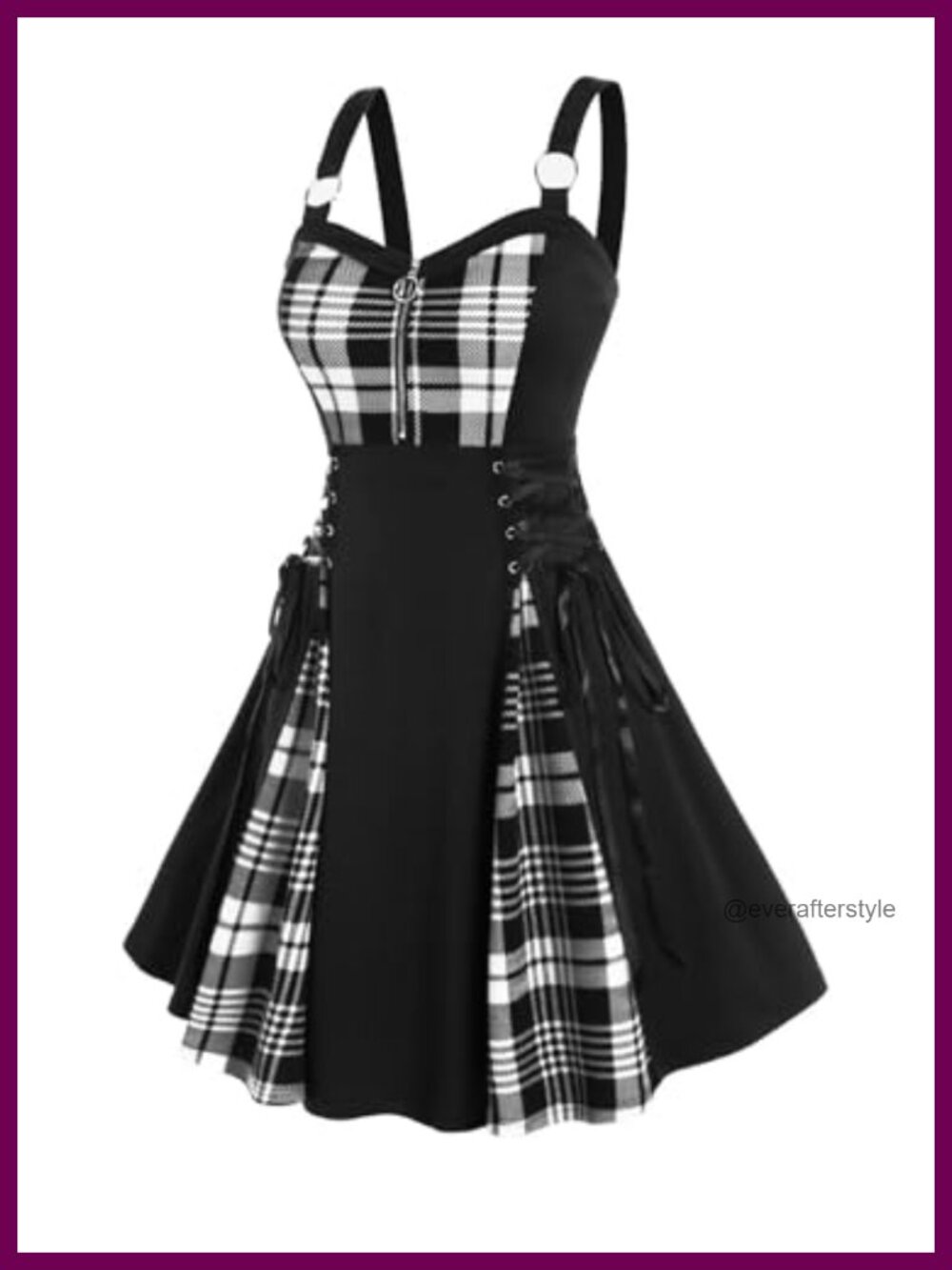 Gothic Lace Up Plaid Half Zipper Dress Plus Size Fit & Flare